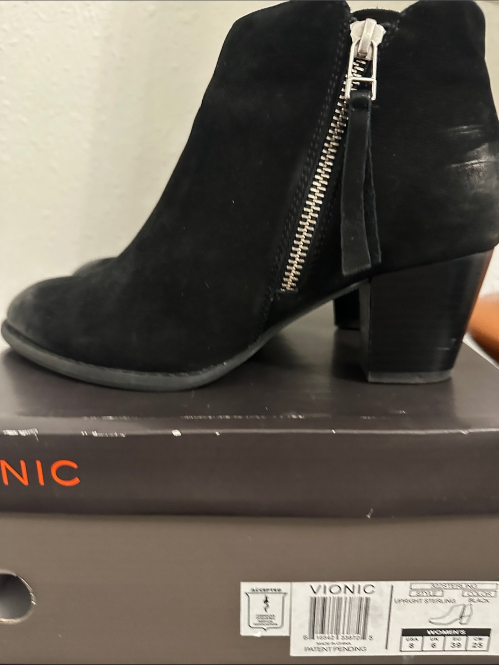 Vionic Black Suede Ankle Boot with Silver Side Zip